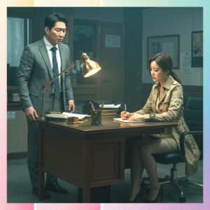 탐정등록증 문서를 상담사가 의뢰인에게 설명하는 장면