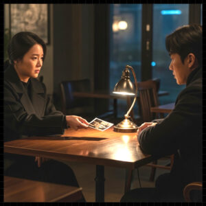 탐정이 보안 서류를 봉인하며 비밀을 보호하는 장면