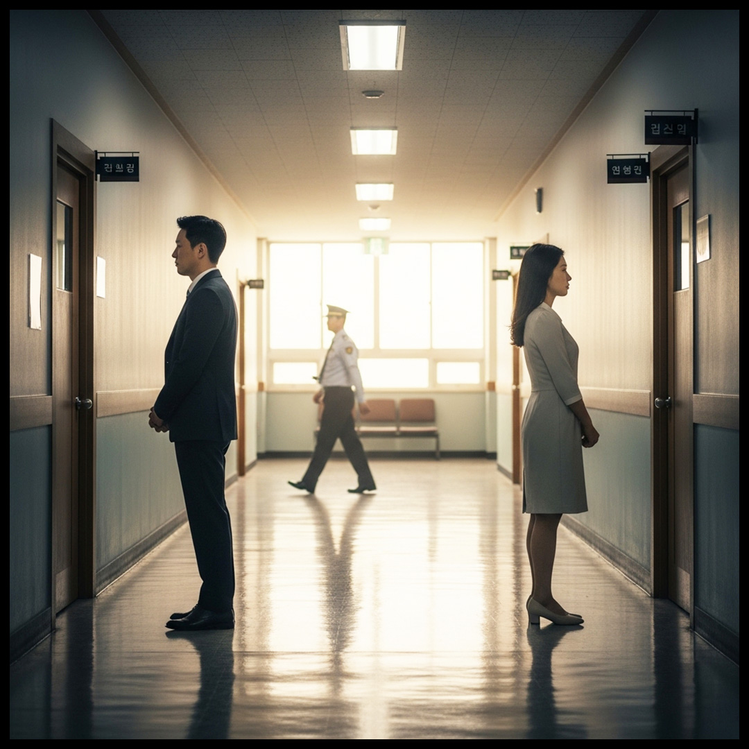 상담실에서 이혼 관련 자료를 설명하는 탐정사무실 상담가와 기록을 검토하는 의뢰인의 모습