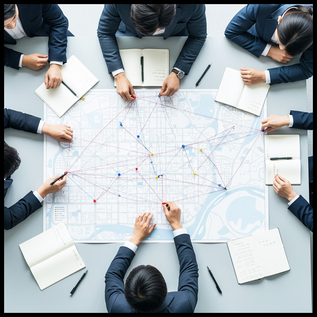 회의실에서 탐정사무실 전문가가 법률 자료와 상담 기록을 의뢰인에게 설명하는 모습